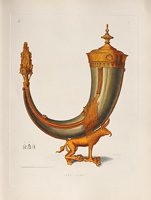 "Ein Trinkhorn (Grünes Gewölbe Dresden)" originaler handkolorierter Kupferstich ca.26x19cm (Platt...