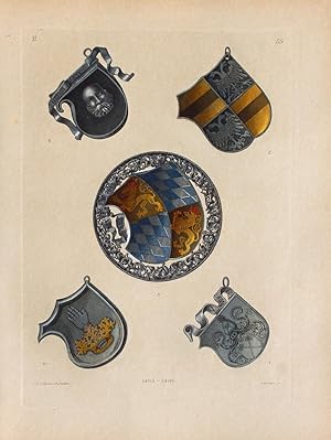 Bild des Verkufers fr Hauptbestandteile der silbernen Schtzenkette" originaler handkolorierter Kupferstich ca.26x19cm (Plattenrand/plate mark) von Johann Klipphahn (1815 in Damm bei Aschaffenburg - 1892 in Nrnberg) nach einer Zeichnung von Jakob Heinrich von Hefner-Alteneck zum Verkauf von Kunsthandel & Antiquariat Magister Ru