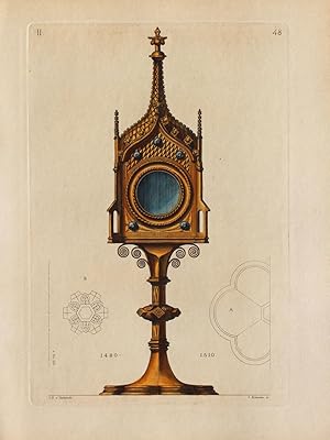 Bild des Verkufers fr Monstranz" originaler handkolorierter Kupferstich ca.26x19cm (Plattenrand/plate mark) von Johann Klipphahn (1815 in Damm bei Aschaffenburg - 1892 in Nrnberg) nach einer Zeichnung von Jakob Heinrich von Hefner-Alteneck zum Verkauf von Kunsthandel & Antiquariat Magister Ru