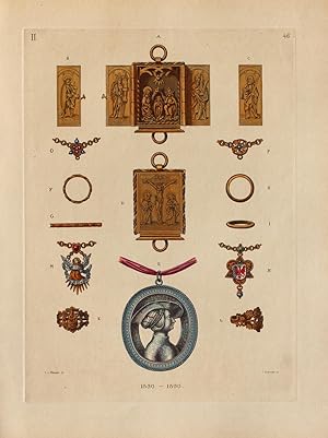 "Verschiedene Schmucksachen und Amulette" originaler handkolorierter Kupferstich ca.26x19cm (Plat...