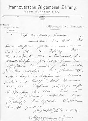 Bild des Verkufers fr Eigenh. Brief mit U. zum Verkauf von Antiquariat Halkyone