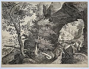 Bild des Verkufers fr [Antique print, engraving] Landscape with a large rock forming an arch, A. Sadeler, published ca. 1580-1600, 1 p. zum Verkauf von Antiquariaat Arine van der Steur / ILAB