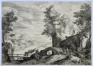 Bild des Verkufers fr [Antique print, engraving] Riverscape with a stone bridge and a wooden bridge, A. Sadeler, published ca. 1580-1629, 1 p. zum Verkauf von Antiquariaat Arine van der Steur / ILAB