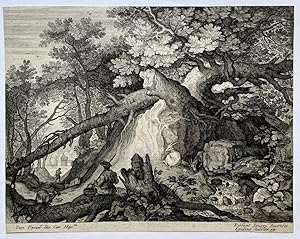 Bild des Verkufers fr [Antique print, engraving] Man and four goats near a waterfall, A. Sadeler, published ca. 1625, 1 p. zum Verkauf von Antiquariaat Arine van der Steur / ILAB