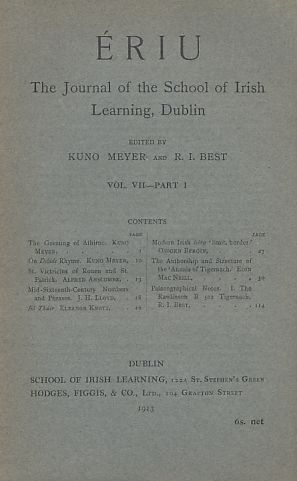 Bild des Verkufers fr ERIU. Vol. VII - Part I. The Journal of the School of Irish Learning, Dublin. zum Verkauf von Fundus-Online GbR Borkert Schwarz Zerfa
