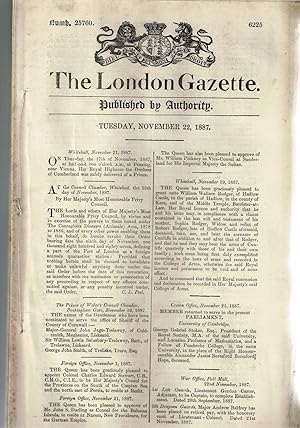 The London Gazette. Published by Authority. Tuesday Nov. 22nd. 1887