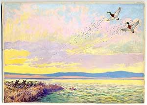 Original Signed Duck-Hunting Painting: Two Hunters Firing on Two Mallards in Flight