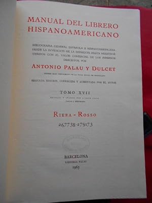 Imagen del vendedor de Manual del Librero Hispano-Americano. Tomo XVII. Riera - Rosso. a la venta por Carmichael Alonso Libros