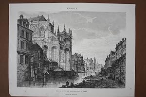 Vue de l Eglise Saint-Pierre, A Caen, Radierung um 1850 mit Blick auf die an einem Fluss gelegene...