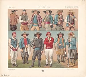 Volkstrachten in der Bretagne, XIX. Jahrhundert, Farblithographie um 1880, zweites Blatt mit nähe...