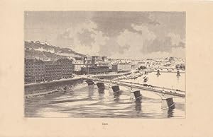Lyon, Holzstich um 1870 mit Blick über den Fluss auf die Stadt, Blattgröße: 15,3 x 22,5 cm, reine...