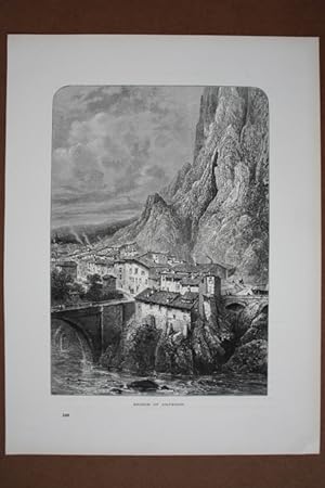 Bridge of Sisteron, Holzstich um 1880 mit Blick auf den Ort im Gebirge gelegen, Blattgröße: 31,5 ...
