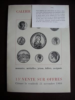 Image du vendeur pour 13e vente sur offres 1980 mis en vente par Librairie Ancienne Zalc