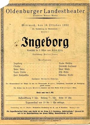 Original-Programmzettel zur Aufführung von " Ingeborg ". Komödie in 3 Akten von Kurt Götz