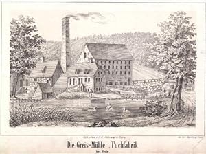 Die Greis-Mühle. Tuchfabrik bei Veile. Federlithographie von Carl Warnberg.