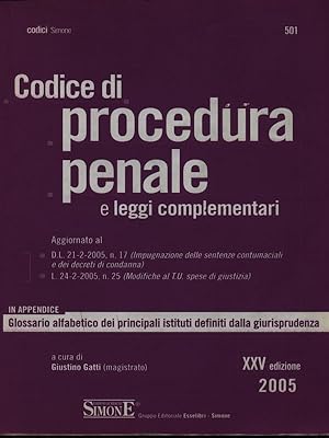 Bild des Verkufers fr Codice di procedura penale e leggi complementari XXV edizione zum Verkauf von Librodifaccia