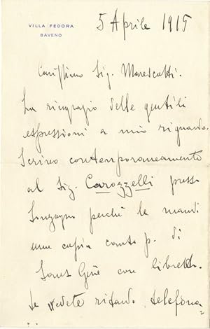 Imagen del vendedor de Autograph letter signed "U Giordano" to the journalist Marescotti a la venta por J & J LUBRANO MUSIC ANTIQUARIANS LLC