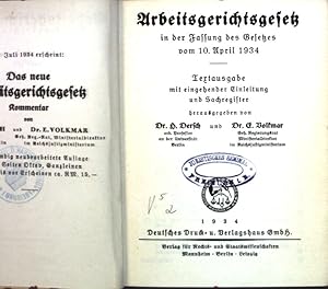 Imagen del vendedor de Arbeitsgerichtsgesetz in der Fassung des Gesetzes vom 10. April 1934; Textausgabe. Sammlung deutscher Gesetze, Band 159; a la venta por books4less (Versandantiquariat Petra Gros GmbH & Co. KG)