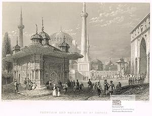 Imagen del vendedor de Fountain and Square of St. Sophia. Fountaine et place de Ste. Sophie. Der Sophienplatz mit dem Springbrunnen. Ansicht des Platzes vor der Hagia Sophia Moschee mit reicher Figurenstaffage. Original-Stahlstich 1839 a la venta por historicArt Antiquariat & Kunsthandlung