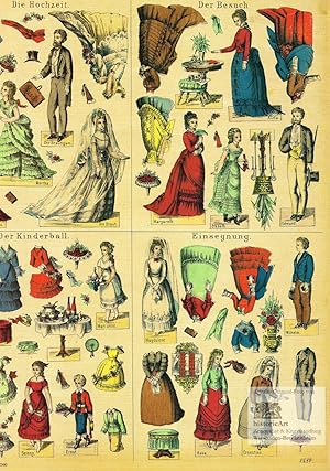 Seller image for Ankleide-Figuren fr verschiedene Gelegenheiten. Die Hochzeit. Der Besuch. Der Kinderball. Einsegnung. Reprint eines groen Ausschneide-Bogens des Verlags E. Roth in Stuttgart for sale by historicArt Antiquariat & Kunsthandlung