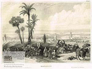 Marocco. Ansicht einer befestigten Stadt mit Karawane aus Maultieren und Kamelen im Vordergrund. ...