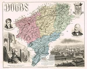 Doubs. Antique Map. Dekorative Landkarte mit Stadtansicht und Wappen von Besancon und Porträts vo...