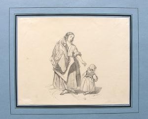 Mutter mit ihren Kindern. Bleistiftzeichnung, monogrammiert und datiert: F.M. 1843