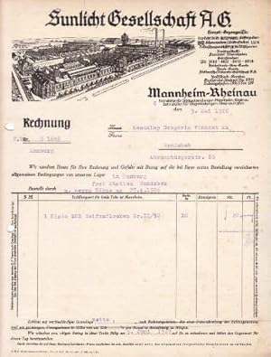 Rechnung der Sunlict-Gesellschaft A.G., Mannheim-Rheinau,. Mit Schreibmaschine ausgefüllt, datier...