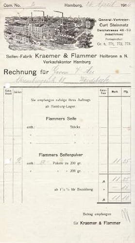 Bild des Verkufers fr Rechnung der Seifen-Fabrik Kraemer & Flammer, Heilbronn a.N., Verkaufskontor Hamburg. Mit der Hand ausgefllt, datiert : 26. April 1916. zum Verkauf von Antiquariat Heinz Tessin