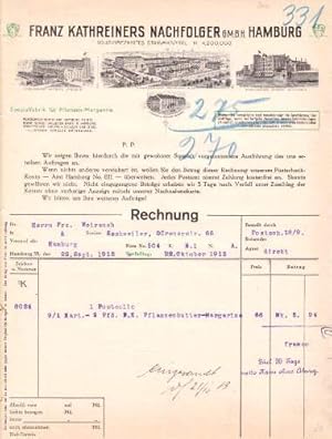 Rechnung der Firma Franz Kathreiner Nachfolger G.M.B.H., Hamburg. Spezial-Fabrik für Pflanzen-Mar...