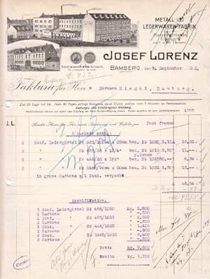 Rechnung der Firma Josef Lorenz, Bamberg. Metall- und Lederwaren-Fabrik. Mit Schreibmaschine ausg...