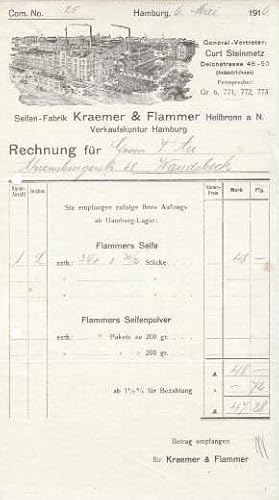 Seller image for Rechnung der Seifen-Fabrik Kraemer & Flammer, Heilbronn a.N., Verkaufskontor Hamburg. Mit der Hand ausgefllt, datiert : 6. Mai 1916. for sale by Antiquariat Heinz Tessin