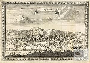 Bild des Verkufers fr Prospect, der Vestung Namur. Gesamtansicht von Namur mit den alten Stadtmauern, Wassergrben und Festungsanlagen im Gebirge aus der Vogelschau. Original-Kupferstich von Matthus Merian aus dem Theatrum Europeum 1702 zum Verkauf von historicArt Antiquariat & Kunsthandlung