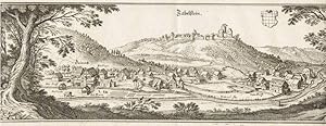 Zabelstein. Gesamtansicht von Bad Teinach und Zabelstein. Panorama von M. Merian. Mit Wappen Kupf...