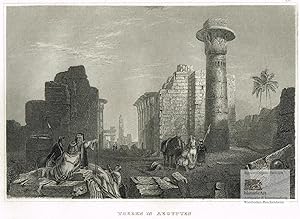 Theben in Aegypten. Soldaten mit Pferden in den Tempelruinen. Original-Stahlstich um 1840