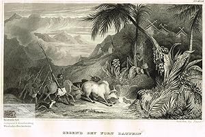 Bild des Verkufers fr Gegend bey Fort Dauphin in Madagascar. Hirten treiben mit Stcken eine Bffelherde. Eltern beweinen den Tod ihres Kleinkindes. Original-Stahlstich von Poppel um 1845 zum Verkauf von historicArt Antiquariat & Kunsthandlung