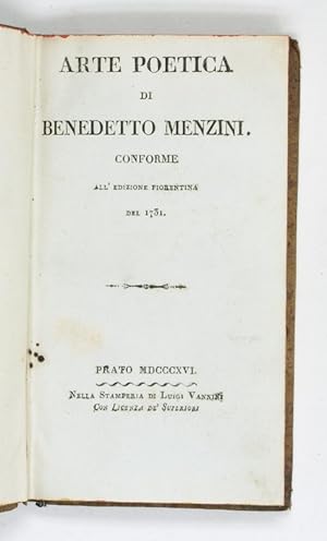 Bild des Verkufers fr Arte poetica di Benedetto Menzini. Conforme all edizione fiorentina del 1731. zum Verkauf von Antiquariat INLIBRIS Gilhofer Nfg. GmbH