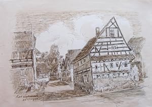 Original-Zeichnung "Alte Fachwerkhäuser in Nöttingen"