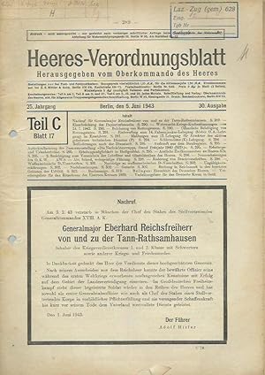 Heeres - Verordnungsblatt. Teil C, Blatt 17, Jahrgang 25 vom 5. Juni 1943. 30. Ausgabe.