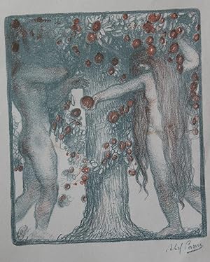 Lithographie originale couleurs imprimée en Palestine. Frontispice (Adam et Eve)