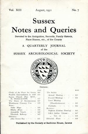 Seller image for Sussex Notes and Queries A quarterly journal of The Sussex Archaeological Society volume XIII No 7 August 1951 for sale by Pendleburys - the bookshop in the hills