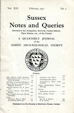 Seller image for Sussex Notes and Queries A quarterly journal of The Sussex Archaeological Society volume XIII No 5 February 1951 for sale by Pendleburys - the bookshop in the hills