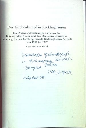 Seller image for Der Kirchenkampf in Recklinghausen (SIGNIERTES EXEMPLAR): Die Auseinandersetzungen zwischen der Bekennenden Kirche und den Deutschen Christen in der ev. Kirchengemeinde Recklinghausen-Altstadt von 1933 bis 1939; Sonderdruck aus der Vestischen Zeitschrift, Band 81; for sale by books4less (Versandantiquariat Petra Gros GmbH & Co. KG)