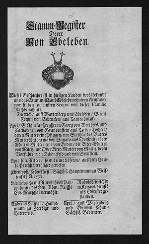 Bild des Verkufers fr Ebeleben Stammbaum Ahnentafel family tree Wappen coat of arms zum Verkauf von Antiquariat Steffen Vlkel GmbH