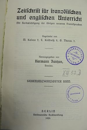 Imagen del vendedor de ZEITSCHRIFT FR FRANZSISCHEN UND ENGLISCHEN UNTERRICHT. Band 27. Jahrgang 1928. a la venta por Antiquariat Bookfarm