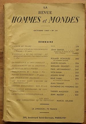 Image du vendeur pour La revue Hommes et Mondes - Octobre 1947 - N 15 mis en vente par Aberbroc