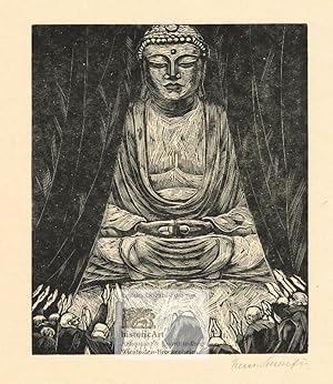Betende Mönche vor großer Buddha-Statue. Signierter Original-Holzschnitt von Professor Edmund Sch...