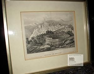 Bild des Verkufers fr Segovia. Ansicht des qudukts und der Bergstadt, im Vordergrund rastende Gruppe von Soldaten mit Zugochsen und Geschtz, in der Schlucht Hunderte vorrckender Soldaten. Gerahmter Original-Stahlstich von Cousen nach David Roberts um 1834 zum Verkauf von historicArt Antiquariat & Kunsthandlung