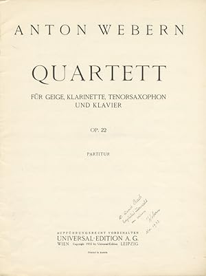 [Op. 22]. Quartett für Geige, Klarinette, Tenorsaxophon und Klavier. [Full score]