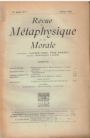 Imagen del vendedor de REVUE DE METAPHYSIQUE ET DE MORALE-47me anne; n1; Janvier 1940 a la venta por Librairie l'Aspidistra